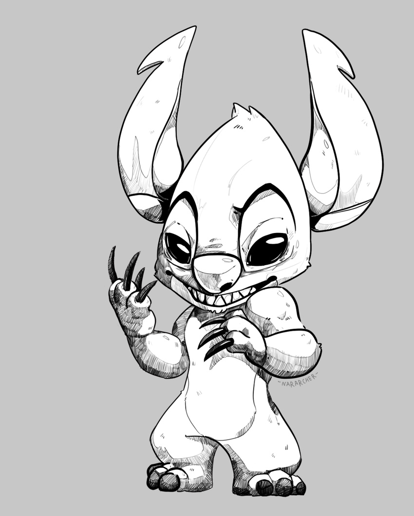 2016 3_toes 4_fingers alien big_ears claws disney evil_grin experiment_(species) experiment_627 full-length_portrait grey_background greyscale half-closed_eyes head_tuft hi_res lilo_and_stitch looking_at_viewer monochrome narico notched_ear portrait sharp_claws signature simple_background smile solo standing toes traditional_media_(artwork) tuft