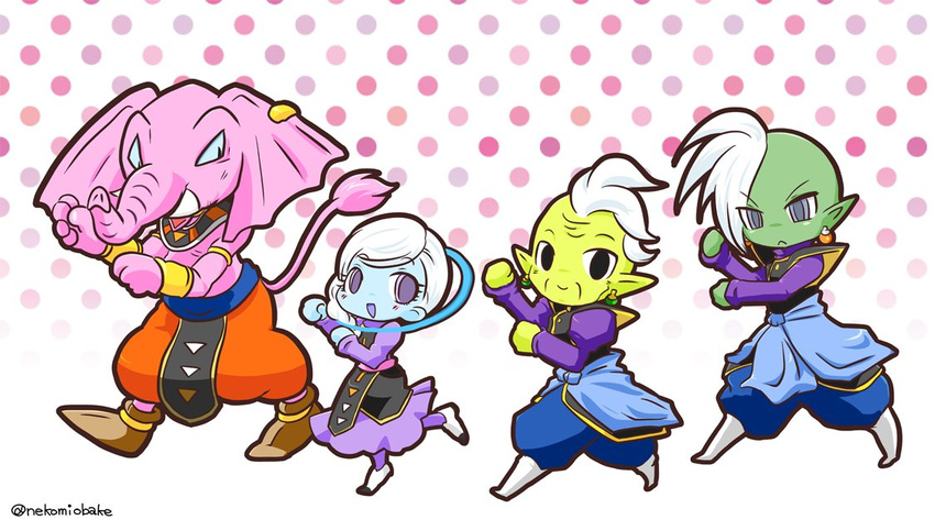 blue_skin chibi cus deity dragon_ball dragon_ball_super earring elephant gowasu green_skin hakaishin halo kaioshin nekomiobake no_humans pointy_ears rumoosh smile source_request universe_10_(dragon_ball) white_hair yellow_skin zamasu