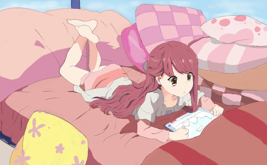 1girl artist_request barefoot bed black_bow bow brown_eyes character_request checkered checkered_pillow copyright_request drawing feet feet_up hair_bow legs_crossed long_hair long_sleeves lying on_bed on_stomach pillow pink_skirt red_hair short_over_long_sleeves short_sleeves skirt soles solo toes wavy_hair white_shirt