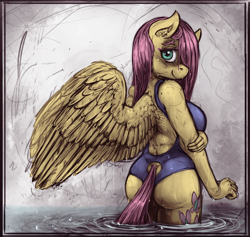2017 anthro anthrofied bantha blush breasts butt clothing colored cutie_mark equine feathered_wings feathers female fluttershy_(mlp) friendship_is_magic furgonomics hair hair_over_eye hi_res long_hair looking_at_viewer mammal my_little_pony pegasus smile solo swimsuit water wet wings