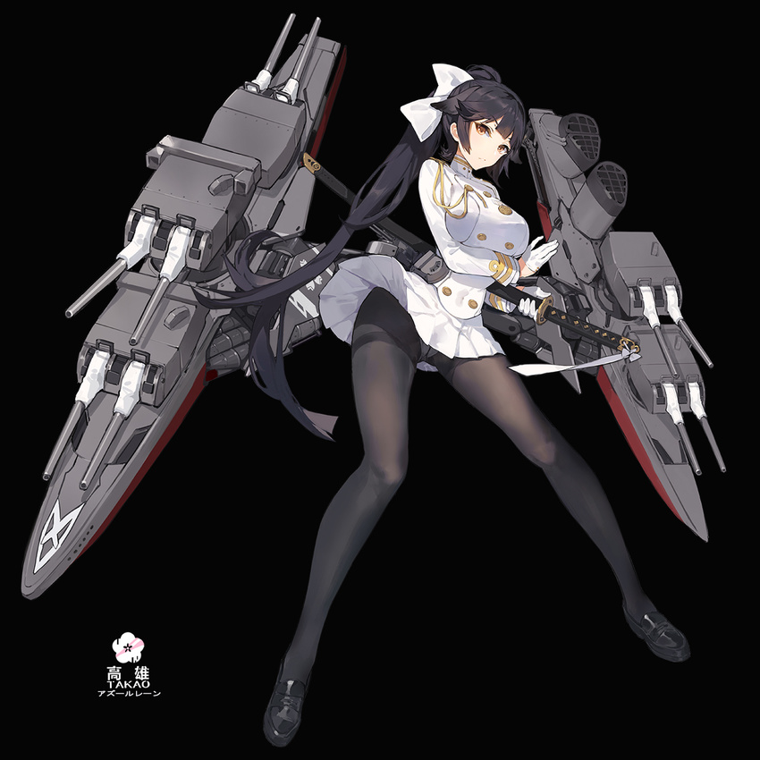 azur_lane bangs black_background black_hair black_legwear blunt_bangs blush breasts brown_eyes character_name closed_mouth commentary_request copyright_name crotch_seam double-breasted eyebrows_visible_through_hair highres holding holding_sword holding_weapon katana kishiyo large_breasts legs_apart long_hair machinery military military_uniform miniskirt official_art panties panties_under_pantyhose pantyhose pantyshot pantyshot_(standing) pleated_skirt ponytail revision rigging sheath sheathed simple_background skirt solo standing sword tachi-e takao_(azur_lane) thighband_pantyhose underwear uniform upskirt weapon white_panties white_skirt