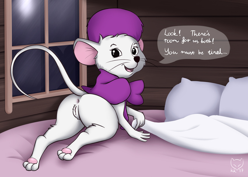 2017 absurd_res anus bed bottomless cabin clothed clothing dialogue disney female fur hat hi_res inviting kettukarkki mammal miss_bianca mouse open_mouth pawpads pussy raised_tail rodent semi-anthro solo text the_rescuers whiskers white_fur