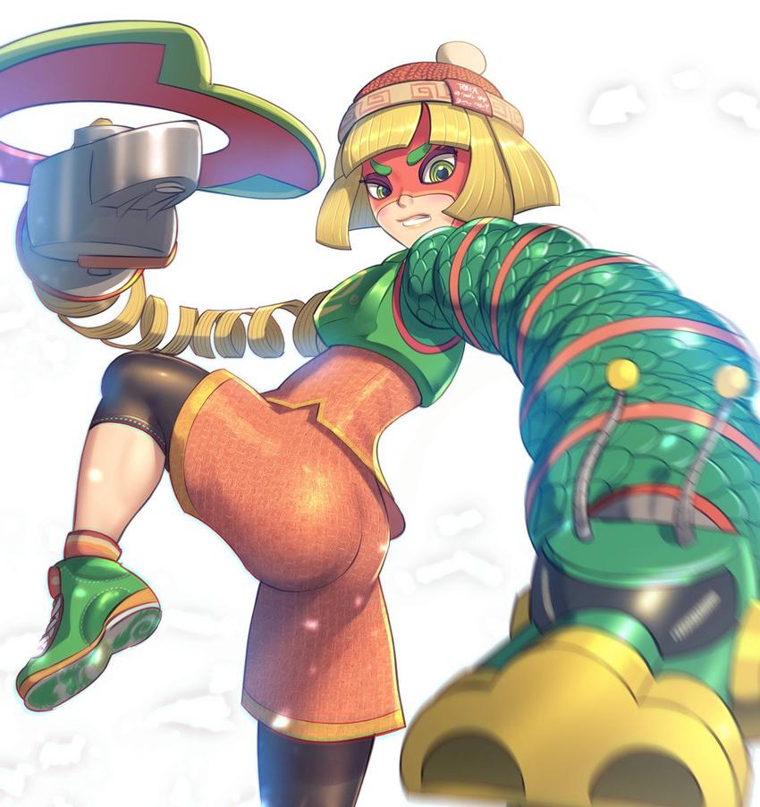 arms_(game) bangs beanie bike_shorts blonde_hair chinese_clothes dragon_(arms) facepaint food gonzarez green_eyes hat highres leggings legwear_under_shorts looking_at_viewer mask min_min_(arms) noodles ramram_(arms) short_hair shorts solo