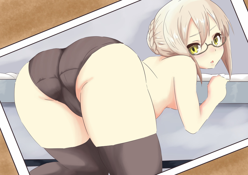 1girl all_fours artist_request ass black-framed_eyewear black_legwear black_panties blonde_hair bra braid breasts cameltoe fate/grand_order fate_(series) from_behind glasses heroine_x heroine_x_(alter) looking_at_viewer looking_back panties saber semi-rimless_glasses shiny shiny_hair short_hair solo swimsuit thighhighs top-down_bottom-up under-rim_glasses underwear yellow_eyes