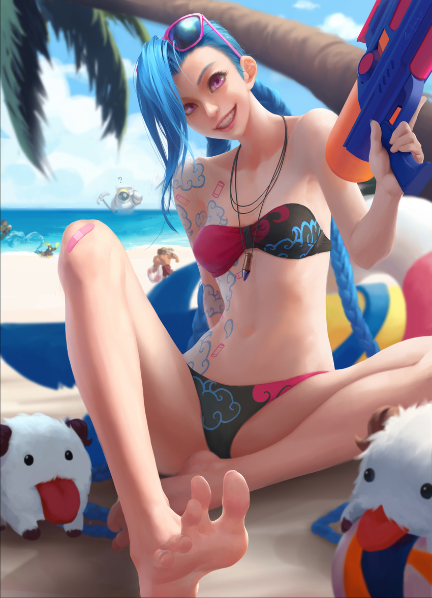 absurdres bandaid bandeau barefoot bikini blue_hair braid brand_(league_of_legends) character_request eyewear_on_head feet grin highres illaoi jinx_(league_of_legends) league_of_legends long_hair nautilus_(league_of_legends) navel poro_(league_of_legends) purple_eyes sai_foubalana single_braid smile soles solo spread_toes sunglasses swimsuit taric tattoo toes water_gun