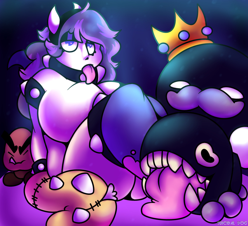 big_breasts bomb-om breasts chain_chomp collar crown goomba grin hair horn huge_breasts human hyper hyper_breasts long_hair looking_at_viewer mammal mario mario_bros nintendo purple_hair razzlespup smile spiked_collar spikes teeth tongue video_games