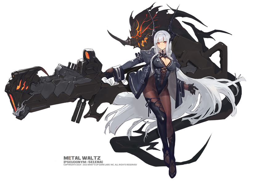 absurdly_long_hair black_gloves black_legwear commentary_request full_body gloves headgear highleg highleg_leotard highres huge_weapon jacket kishiyo leotard long_hair long_sleeves machinery md5_mismatch mole mole_under_eye official_art open_clothes open_jacket pantyhose panzer_waltz red_eyes revision silver_hair single_thighhigh solo tachi-e thighband_pantyhose thighhighs very_long_hair weapon