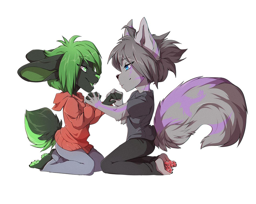 4_toes 5_fingers anthro barefoot black_nose blue_eyes canine clothed clothing dog duo eye_contact female fluffy fluffy_tail fur green_eyes green_hair green_nose green_tongue grey_fur grey_hair hair lagomorph male mammal pawpads rabbit rikitoka simple_background smile toes white_background