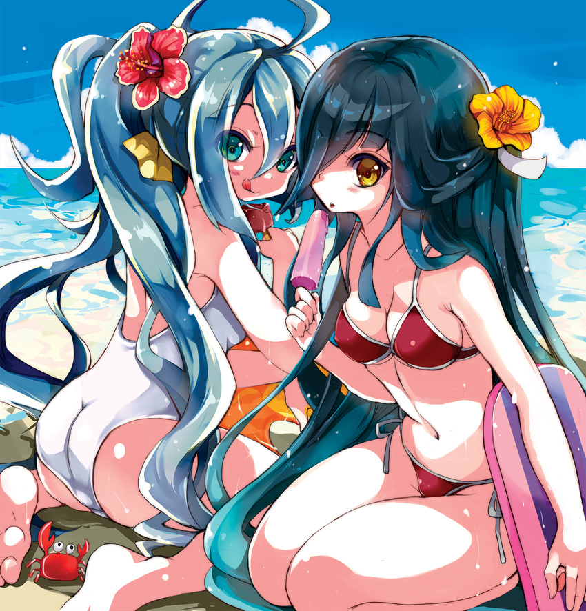ahoge ass barefoot beach bikini black_hair breasts cleavage crab flower food gouda_nagi grey_eyes grey_hair hair_flower hair_ornament hair_over_one_eye hayashimo_(kantai_collection) hibiscus highres kantai_collection kickboard kiyoshimo_(kantai_collection) long_hair low_twintails multiple_girls outdoors popsicle red_bikini side-tie_bikini sitting small_breasts swimsuit twintails very_long_hair white_swimsuit yellow_eyes