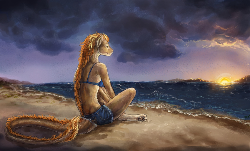 anthro bagheera beach breasts clothing cloud collaboration digital_media_(artwork) dragon feline female fur furgonomics furred_dragon hybrid lion mab mammal outside sea seaside sitting sky smile solo tail_clothing tankana water