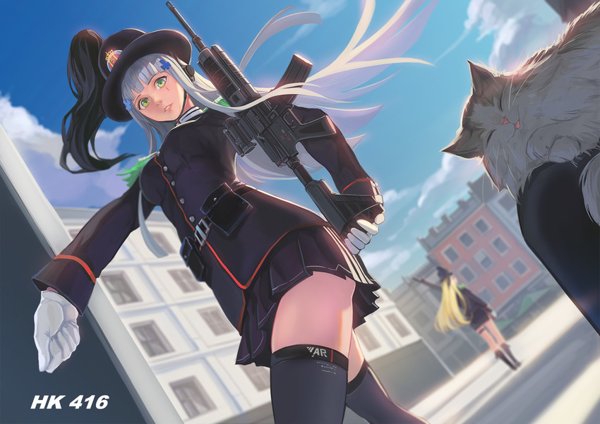 assault_rifle blonde_hair blue_sky blurry building cat character_name clothes_writing commentary_request day depth_of_field g3_(girls_frontline) girls_frontline gloves green_eyes gun hat heckler_&amp;_koch hk416 hk416_(girls_frontline) long_hair looking_at_viewer military military_uniform multiple_girls outdoors pleated_skirt rifle sima_naoteng skirt sky thighhighs uniform weapon white_hair