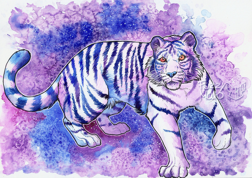 feline feral fuzzymaro mammal standing stripes tiger traditional_media_(artwork) watercolor_(artwork)