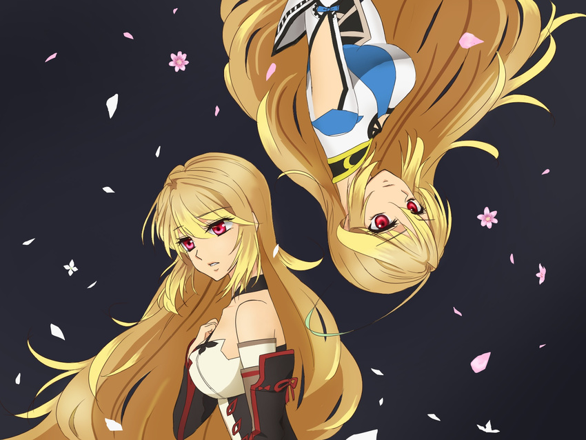 2girls ahoge bare_shoulders breasts brown_hair flower milla_(tales_of_xillia_2) milla_maxwell multicolored_hair multiple_girls open_mouth pink_eyes tales_of_(series) tales_of_xillia tales_of_xillia_2 very_long_hair