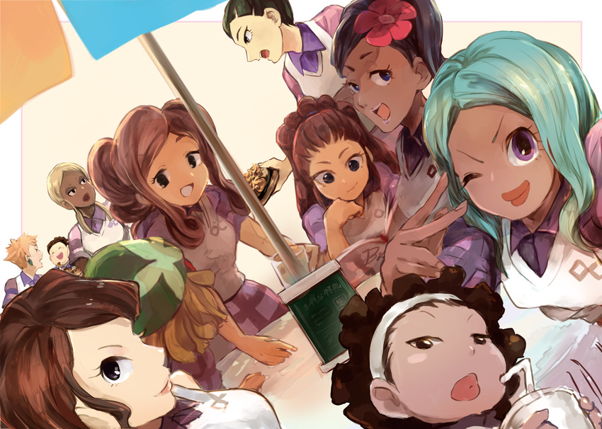 aqua_hair black_eyes blonde_hair brown_hair closed_eyes dark_skin dosu_koi dutch_angle earrings everyone food hori_michiko inazuma_eleven inazuma_eleven_(series) itsumi_haruki jewelry kushida_katsuyo lips looking_at_viewer midou_reika multiple_girls namikawa_hanako one_eye_closed oosaka_gals open_mouth purple_eyes short_hair sidelocks soccer_uniform sportswear takoya_noriko takoyaki tennouji_mari torahama_kouko umeda_harumi urabe_rika yorozu_hiromi