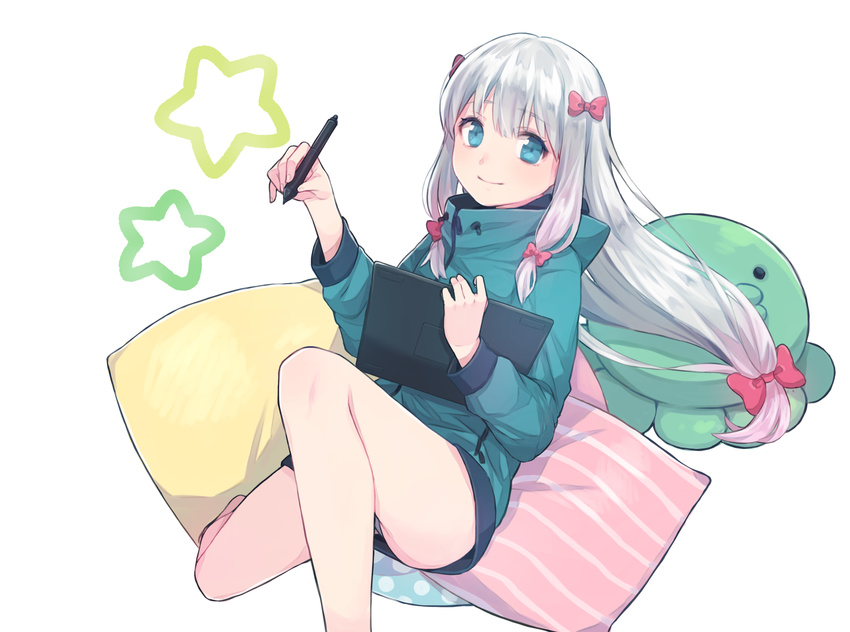 aqua_eyes bow eromanga_sensei grey_panties hair_bow highres izumi_sagiri jacket long_hair looking_at_viewer low-tied_long_hair panties pillow pink_bow saino silver_hair simple_background smile solo star striped_pillow stuffed_animal stuffed_octopus stuffed_toy stylus tablet_pc underwear white_background