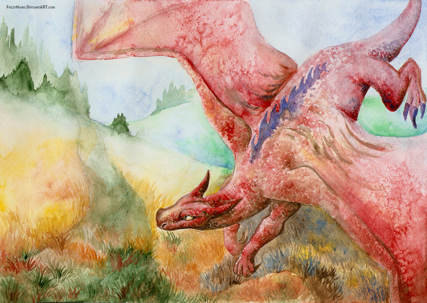 ambiguous_gender dragon feral field flying forest fuzzymaro horn outside red_scales scales traditional_media_(artwork) tree watercolor_(artwork) wings