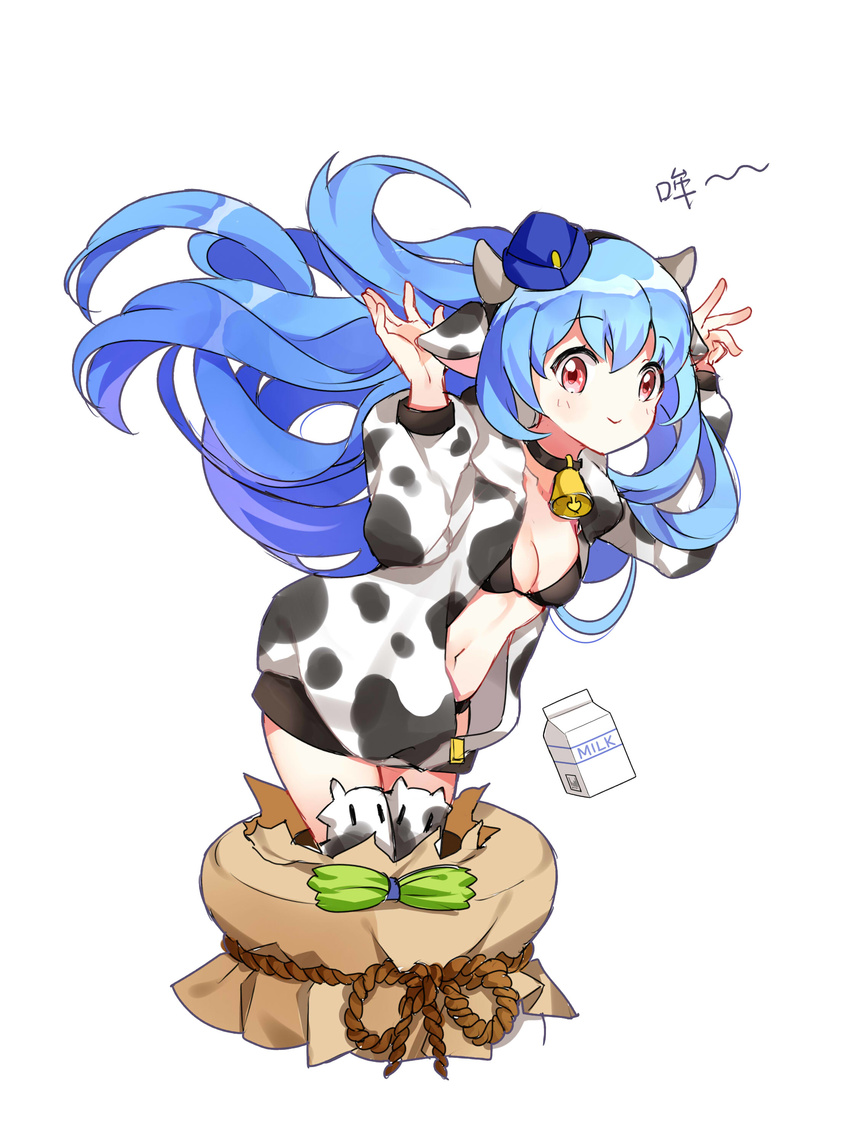 absurdres animal_ears animal_print bell bell_collar black_bra blue_hair bra breasts chinese cleavage collar cow_bell cow_ears cow_print floating_hair hands_up highres jacket kneeling long_hair looking_at_viewer mana_(418208360) medium_breasts navel open_clothes open_jacket quincy_(zhan_jian_shao_nyu) red_eyes smile underwear zhan_jian_shao_nyu