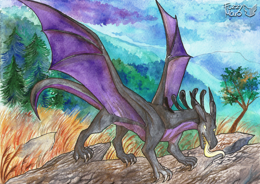 day dragon forest fuzzymaro mountain traditional_media_(artwork) tree watercolor_(artwork)