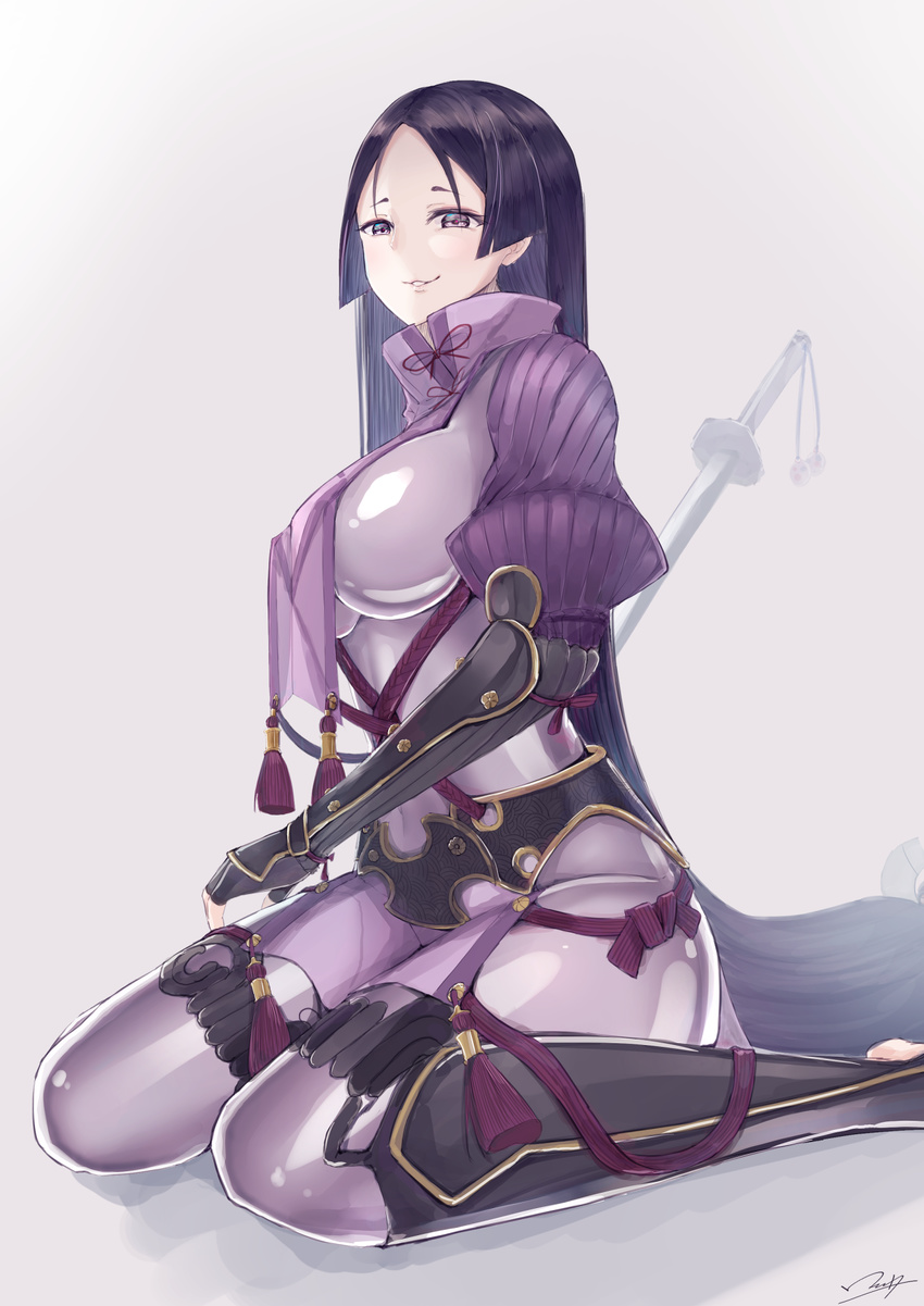 bangs bodysuit breasts commentary fate/grand_order fate_(series) fingerless_gloves gloves highres large_breasts long_hair looking_at_viewer minamoto_no_raikou_(fate/grand_order) parted_bangs puffy_sleeves purple_eyes purple_hair simple_background smile solo sword very_long_hair weapon yukai_nao
