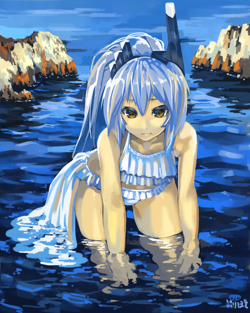 absurdres bare_shoulders bikini bikini_skirt blue_hair day frilled_bikini frills headgear highres long_hair looking_at_viewer ponytail puribate_(helgoland) signature sky smile solo swimsuit wading water wet wet_clothes yellow_eyes