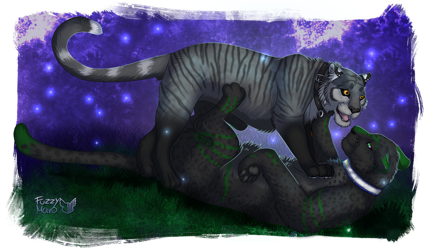 digital_media_(artwork) feline female feral fuzzymaro happy leopard male mammal meadow night playing romantic_couple tiger