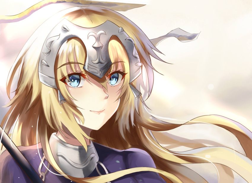 armor armored_dress blonde_hair blue_eyes capelet chain fate/apocrypha fate_(series) faulds flag gauntlets headpiece highres jeanne_d'arc_(fate) jeanne_d'arc_(fate)_(all) long_hair looking_at_viewer rekung smile solo