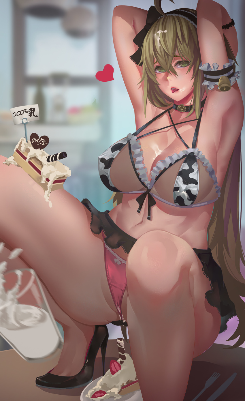 absurdres armpits arms_behind_head bell black_footwear breasts brown_hair cake choker cleavage commentary covered_nipples ctrlz77 cup dies_irae drinking_glass food green_eyes high_heels highres huge_breasts looking_at_viewer marie_(dies_irae) microskirt navel panties pink_panties see-through shoes skirt solo squatting teeth tongue tongue_out underwear