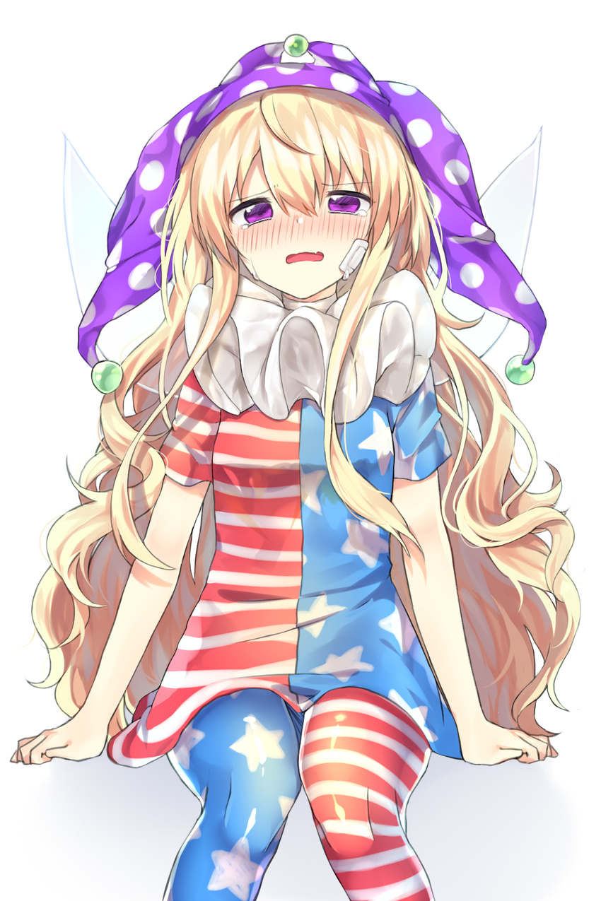 ahoge american_flag_dress american_flag_legwear bandaid bandaid_on_face blonde_hair blush cheunes clownpiece crying crying_with_eyes_open dress fairy_wings hair_between_eyes hat highres jester_cap long_hair looking_at_viewer neck_ruff pantyhose polka_dot polka_dot_hat purple_eyes purple_hat short_sleeves sidelocks simple_background sitting solo star star_print striped striped_dress striped_legwear tears touhou very_long_hair wavy_hair white_background wings