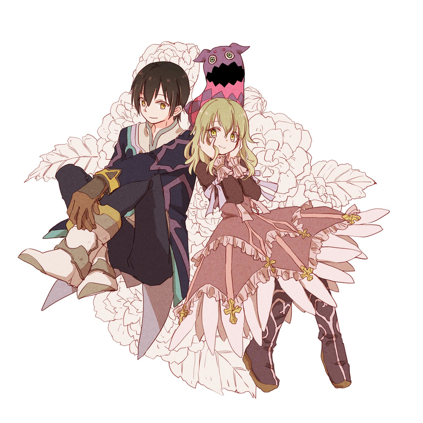 1boy 1girl aqua_eyes black_hair boots coat doll dress elize_lutus flower frills gloves green_eyes green_hair jude_mathis long_hair open_mouth pants ribbon short_hair smile tales_of_(series) tales_of_xillia teepo_(tales) yellow_eyes