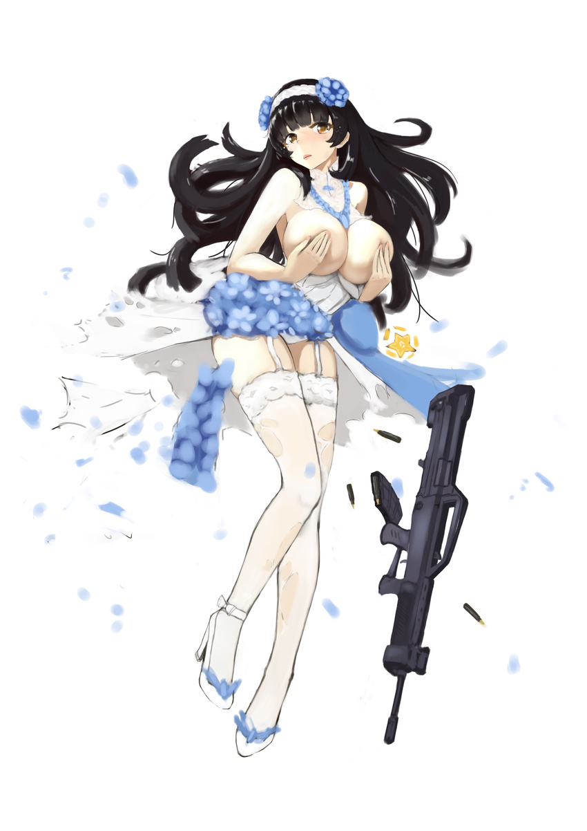 absurdres ankle_ribbon assault_rifle bangs black_hair blue_flower blunt_bangs blush bo_li_wei_ling breasts brown_eyes bullet bullpup commentary_request covering covering_nipples dress exploding_clothes flower full_body garter_straps girls_frontline gun hair_flower hair_ornament hairband high_heels highres lace lace-trimmed_thighhighs large_breasts long_hair looking_at_viewer no_bra parted_lips qbz-95 qbz-95_(girls_frontline) ribbon rifle shoes simple_background solo star thighhighs topless torn_clothes torn_dress torn_legwear weapon white_background white_footwear white_hairband white_legwear white_ribbon