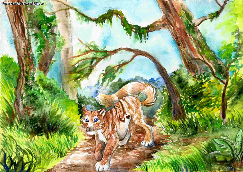 ambiguous_gender blue_eyes brown_fur brown_stripes feline feral fur fuzzymaro grass mammal multicolored_fur outside sky stripes tiger traditional_media_(artwork) tree watercolor_(artwork) white_fur