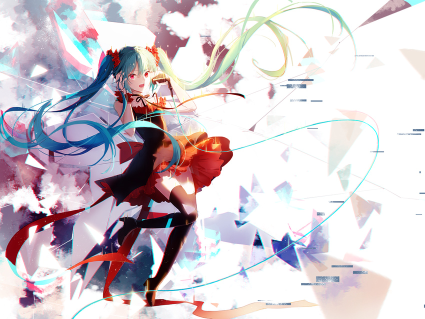 aiko_(kanl) black_dress black_footwear black_ribbon blue_hair boots bow choker collarbone dress full_body green_hair hair_bow hair_ornament hair_scrunchie hand_in_hair hatsune_miku hatsune_miku_no_shoushitsu_(vocaloid) high_heel_boots high_heels holding holding_microphone leg_up long_hair microphone multicolored_hair red_eyes red_ribbon ribbon ribbon_choker scrunchie short_dress sleeveless sleeveless_dress solo standing thigh_boots thighhighs two-tone_hair very_long_hair vocaloid