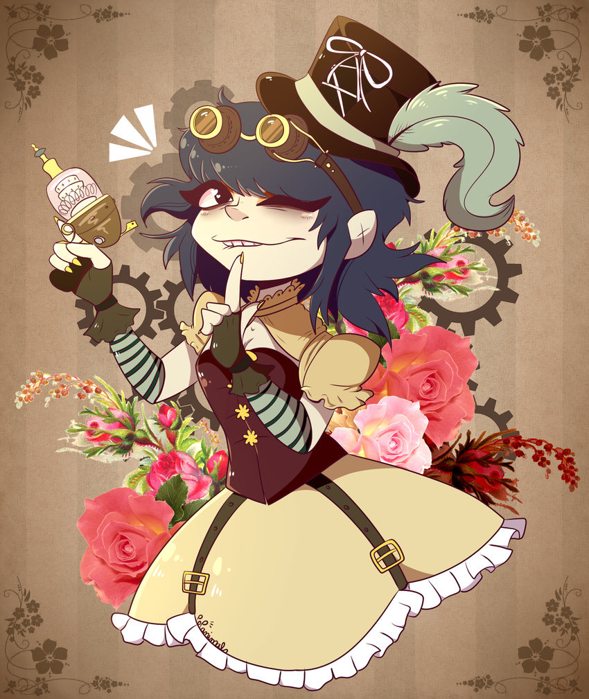1girl dress flower goggles gorillaz hat noodle_(gorillaz) steampunk wink