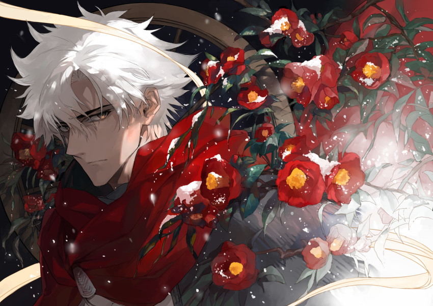 1boy absurdres armor bangs black_background blizzard blurry brown_hair camellia cape commentary dark_skin dark_skinned_male emiya_kiritsugu emiya_kiritsugu_(assassin) english_commentary expressionless eyebrows_visible_through_hair fate/grand_order fate_(series) flower highres hood looking_at_viewer looking_to_the_side parted_bangs plant red_cape red_flower ribbon seomouse single_spaulder snow snowflakes solo upper_body white_hair yellow_ribbon