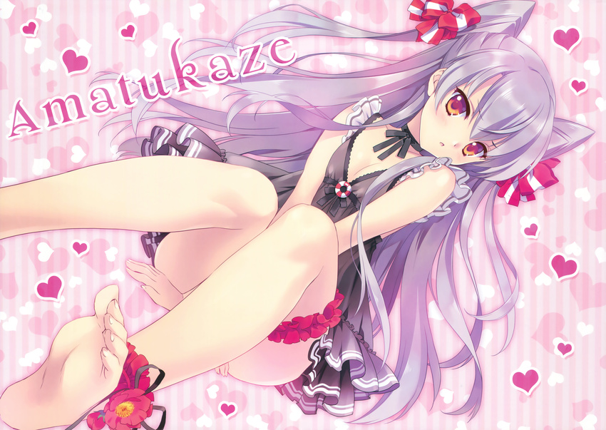 absurdres amatsukaze_(kantai_collection) ankle_garter babydoll bad_id bad_yandere_id barefoot black_ribbon blush bow breasts carnelian character_name choker cleavage dutch_angle feet flower garters hair_bow hair_ribbon heart highres kantai_collection leg_garter long_hair looking_at_viewer ribbon ribbon_choker silver_hair small_breasts soles solo striped striped_background striped_ribbon toes two_side_up vertical-striped_background vertical_stripes very_long_hair yellow_eyes