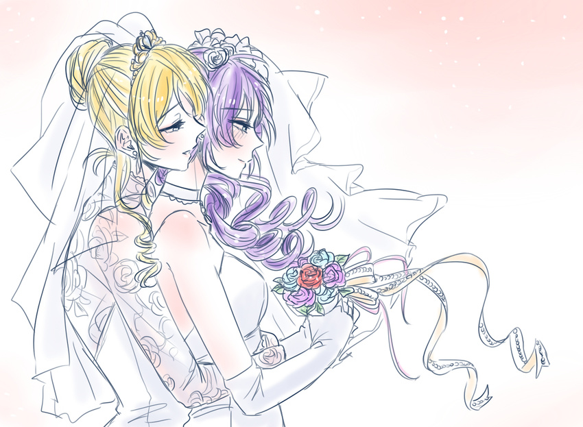 2girls airen arms_around_waist ayase_eli blush couple happy love_live! love_live!_school_idol_project marriage multiple_girls smile toujou_nozomi veil wedding_dress yuri