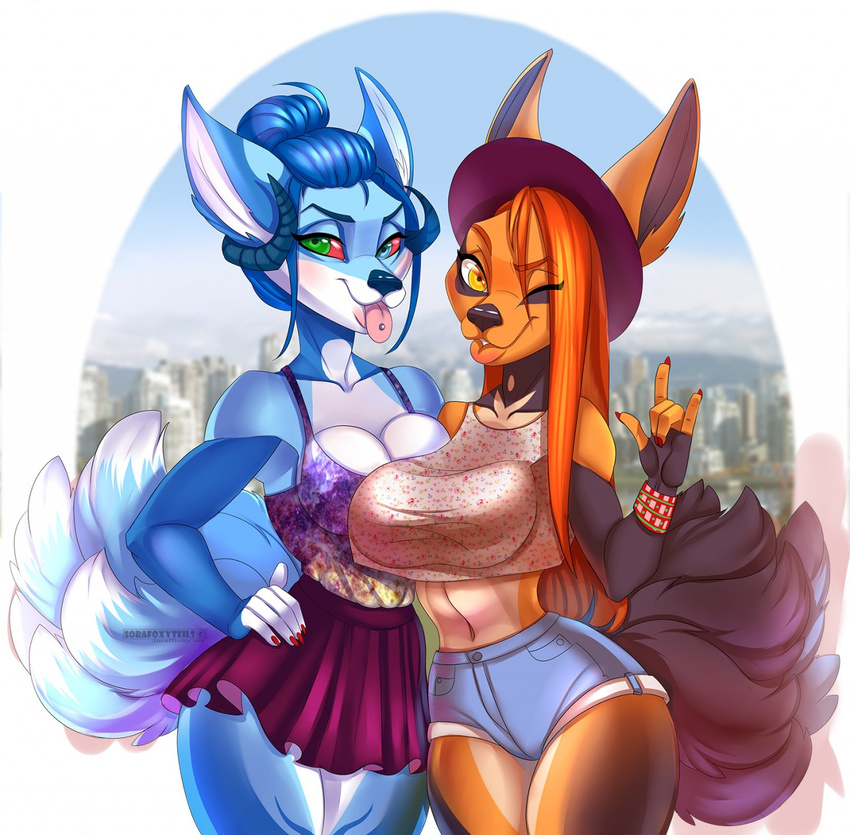 2016 5_fingers anthro big_breasts black_nose blep blue_eyes blue_fur blue_hair blue_nose bracelet breast_squish breasts breasts_frottage canine cleavage clothed clothing denim_shorts duo eyelashes female fox fur green_eyes hair heterochromia horn jewelry looking_at_viewer mammal navel orange_fur orange_hair outside piercing red_fingernails red_hair shorts skimpy skirt skyline smile sora_(sorafoxyteils) sorafoxyteils tongue tongue_piercing white_fur wide_hips yellow_eyes yuki_(mewyfox)