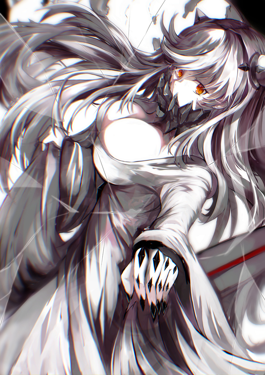 black_nails breasts broken_glass chromatic_aberration commentary covered_mouth dress glass highres horns kantai_collection large_breasts long_hair long_sleeves midway_hime nail_polish orange_eyes otsunabe_(naabe_delta) outstretched_hand shinkaisei-kan skirt_hold solo white_dress white_hair white_skin