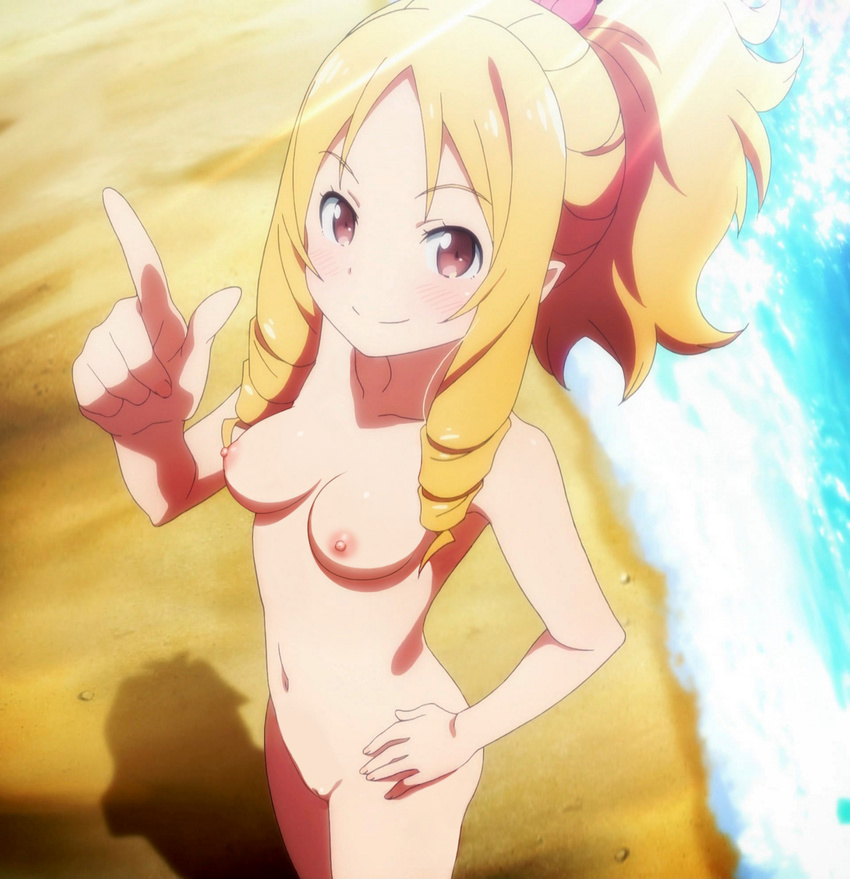 1girl beach blonde_hair blush bow breasts clavicle cleft_of_venus drill_hair embarrassed erect_nipples eromanga_sensei eyebrows_visible_through_hair female from_above gradient hair_bow hair_ornament hand_on_hip happy high_resolution index_finger_raised long_hair looking_at_viewer medium_breasts navel nipples nude nude_filter nudist one_arm_up photoshop pink_eyes pointy_ears ponytail pussy sand sexy small_breasts small_nipples smile solo stomach tied_hair uncensored upper_body water yamada_elf
