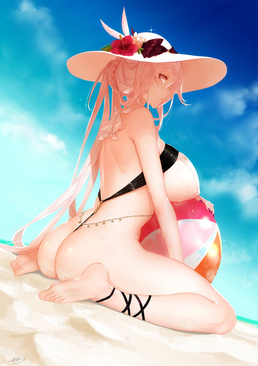 ankle_lace-up apt areola_slip areolae ass ball barefoot beach bikini blonde_hair blush braid breasts cloud cross-laced_footwear day french_braid hat highres kuroda_kanbee_(sengoku_bushouki_muramasa) large_breasts long_hair looking_at_viewer nail_polish outdoors sand sengoku_bushouki_muramasa sideboob signature sitting sky solo sun_hat swimsuit wariza yellow_eyes