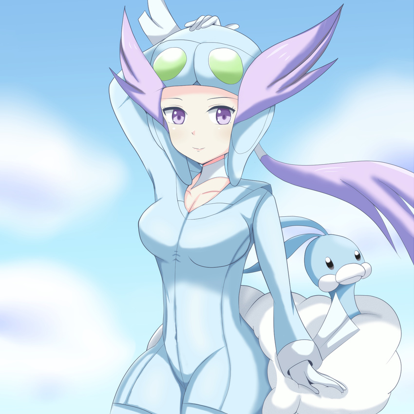 1girl altaria bird breasts cloud gloves goggles gym_leader hand_on_head large_breasts long_hair nagi_(pokemon) pokemon pokemon_(creature) pokemon_(game) ponytail purple_eyes purple_hair sky smile solo white_gloves