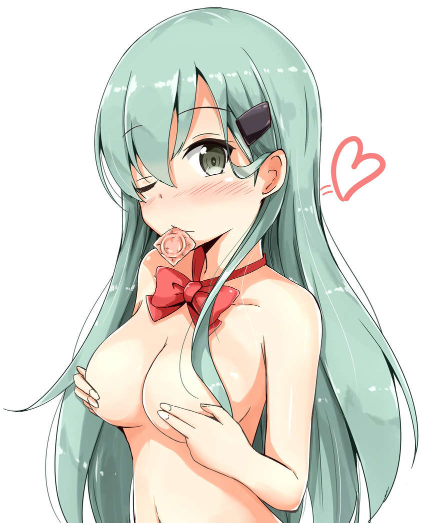 aikawa_ryou aqua_hair blush bow bowtie breasts condom condom_in_mouth covering_nipples eyebrows_visible_through_hair green_eyes heart highres kantai_collection long_hair looking_at_viewer medium_breasts mouth_hold navel nude one_eye_closed simple_background solo suzuya_(kantai_collection) upper_body white_background