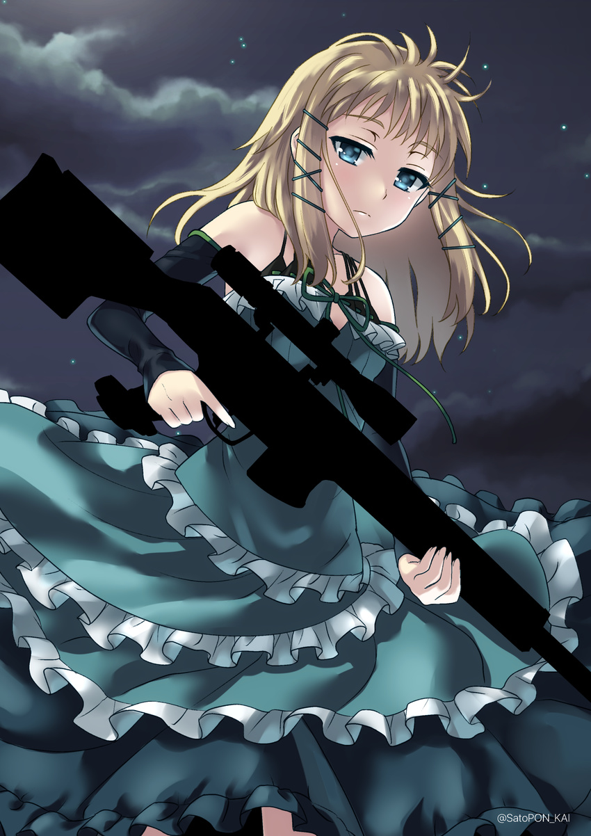 aqua_dress black_bullet blonde_hair blue_eyes cloud detached_sleeves dress frilled_dress frills gun hair_ornament highres holding holding_gun holding_weapon index_finger_raised layered_dress long_hair looking_at_viewer night psg-1 rifle sato-pon sky sleeveless sleeveless_dress sniper_rifle solo standing star_(sky) starry_sky tina_sprout weapon