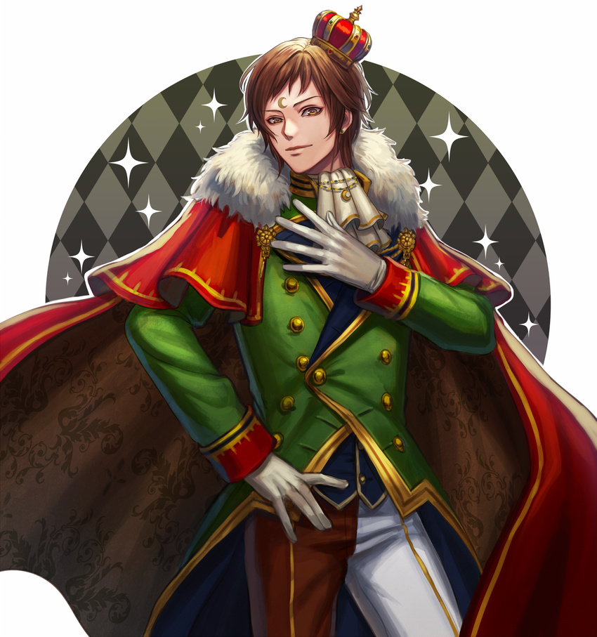 argyle argyle_background bad_id bad_pixiv_id brown_eyes brown_hair cape commentary_request crescent crown facial_mark forehead_mark gloves highres looking_at_viewer male_focus original personification red_cape solo standing symboli_rudolf_(racehorse) syu_kamiya umabi vest white_gloves