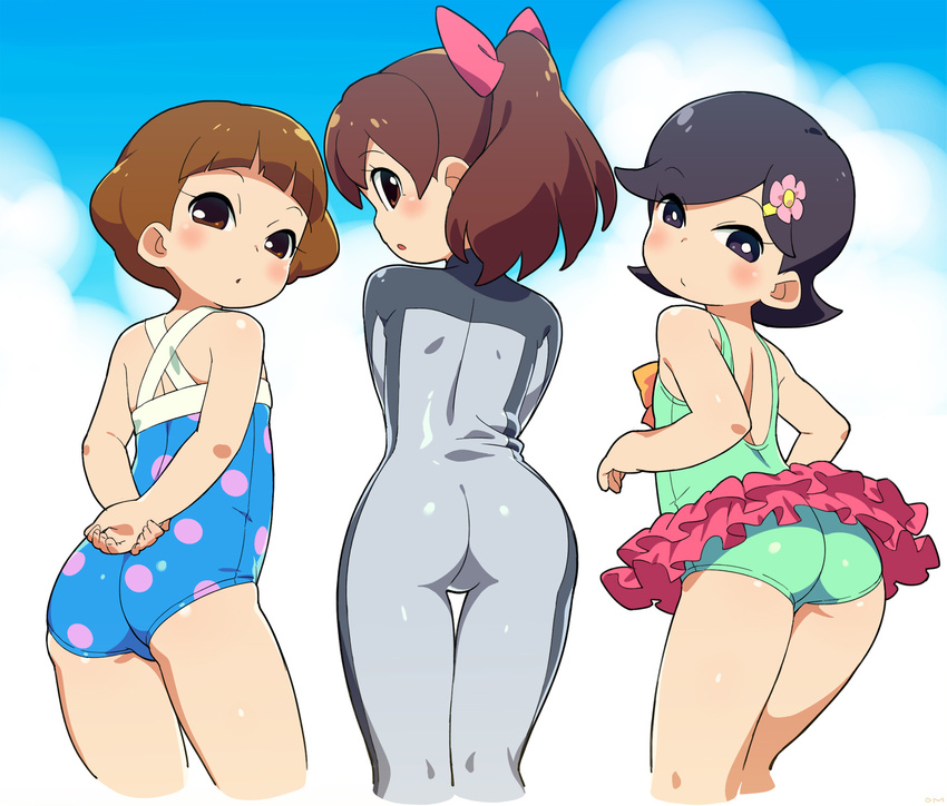 3girls :/ :o arms_behind_back ass back bangs blunt_bangs blush bodysuit bow brown_hair casual_one-piece_swimsuit child cowboy_shot cropped_legs female flat_ass flat_chest flipped_hair flower from_behind hair_bow hair_flower hair_ornament hands_together hayashi_satoko high_ponytail holding_arm kodama_fumika layered_skirt long_hair looking_at_viewer looking_back multiple_girls om_(nk2007) one-piece_swimsuit open_mouth polka_dot polka_dot_swimsuit profile short_hair simple_background standing suzuki_chiyo swept_bangs swimsuit tamani_mikakeru_boshi_no_anoko thigh_gap twisted_neck wetsuit youkai_watch