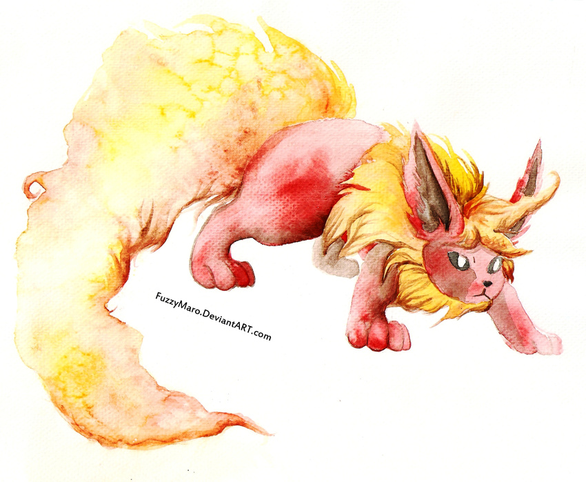 black_eyes eeveelution feral flareon fluffy fur fuzzymaro mammal multicolored_fur nintendo pok&eacute;mon red_fur simple_background traditional_media_(artwork) two_tone_fur video_games watercolor_(artwork) white_background yellow_fur