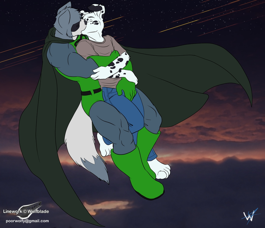 bodysuit boots canine cape clothed clothing crotch_grab dalmatian detailed_background dog duo floppy_ears flying footwear gloves grope kissing malamute male male/male mammal mask muscular skinsuit sky spots superhero tight_clothing wolfblade wuffamute