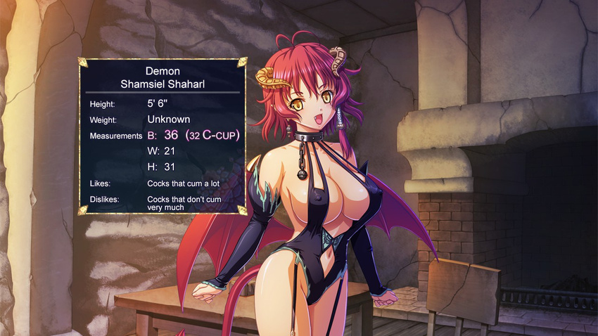 breasts chair character_profile demon demon_girl desk horns kyonyuu_fantasy large_breasts monster monster_girl red_hair revealing_clothes shamsiel sideboob succubus tail wings