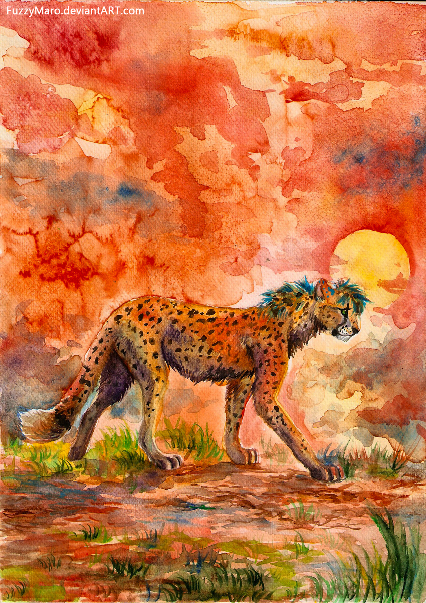 ambiguous_gender cheetah feline feral fur fuzzymaro hair mammal sunset traditional_media_(artwork) watercolor_(artwork)