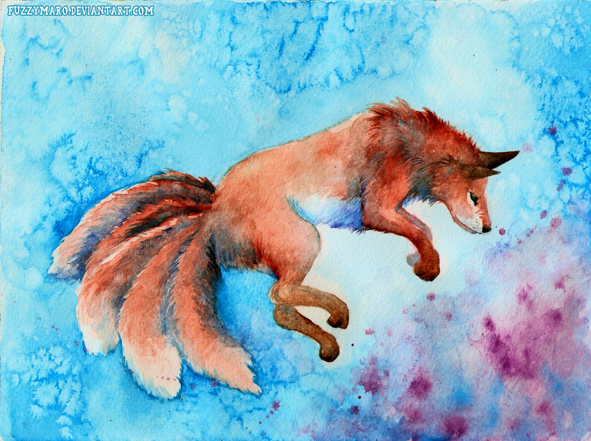 abstract_background brown_markings canine cute dipstick_tail feral fluffy fox fur fuzzymaro mammal markings multi_tail multicolored_fur multicolored_tail orange_fur traditional_media_(artwork) watercolor_(artwork) white_fur